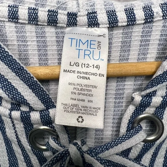 Time And Tru Denim Blue and White Striped Lace Front Hooded Swim Coverup - sz L - Picture 3 of 6